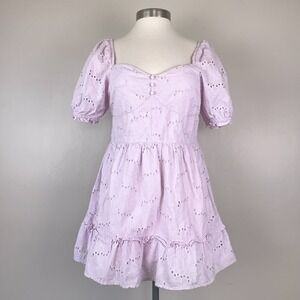 Dress‎ Women 8 Lilac Cotton Eyelet Lace Smocked Boho Milkmaid Coquette Rush